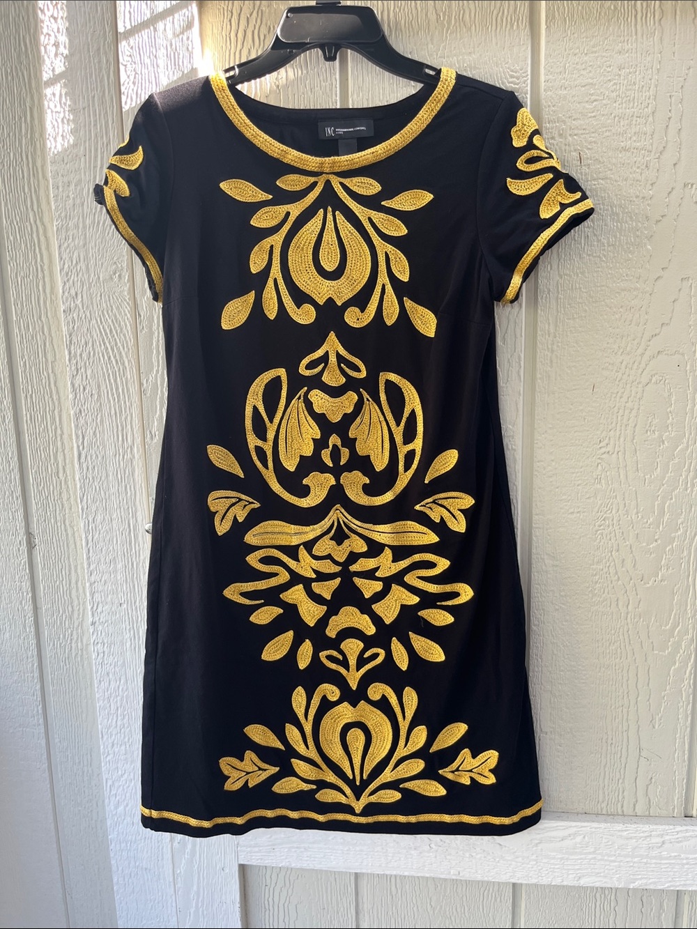 INC International Concepts Black Shift Dress with Gold Embroidery